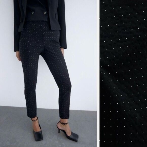 Zara Women's XS Black Tapered Jacquard Micro Dot High Waist Skinny Trousers - Picture 1 of 11